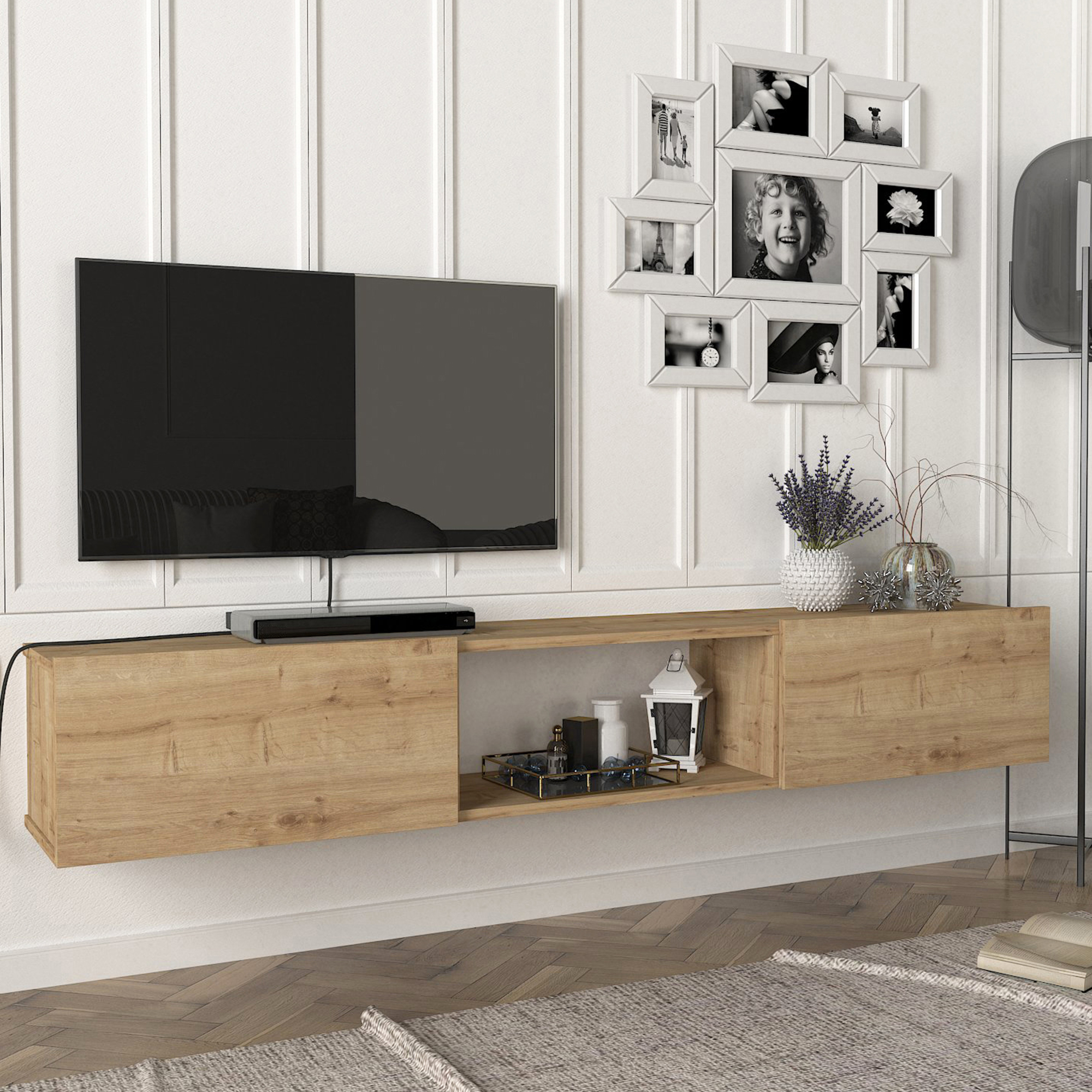 Mobile TV da Parete Paltamo Armadietto Pensile con Ante a Ribalta 180 x 31 x 29,5 cm Effetto Rovere [en.casa]